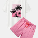 Palm Tree Pink Background Print Oversize T-Shirt & Swim Shorts