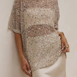 Crewneck Half Sleeves Crochet Hollow Out Sequin Top