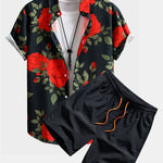 Red Rose Print Button Up Shirt & Swim Shorts