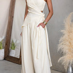 One Shoulder Sleeveless Tie Knot Top High Rise Wide Leg Pants Set