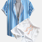 Striped Button Up Stand Collar Shirt & Man Mid Length Drawstring Swim Shorts