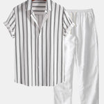 Linen Look Striped Button Up Shirt & Straight Leg Linen Pants
