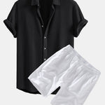 Waffle Button Up Shirt & Linen Cotton Blend Drawstring Shorts