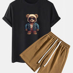 Bear In Leather Jacket Print T-Shirt & Textured Shorts