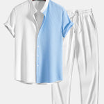 Two Tone Muscle Fit Ribbed Stand Collar Shirt & Straight Leg Ribbed Pants