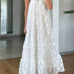 Margovil V Neck Sleeveless Flower Applique Ruffle Maxi Dress
