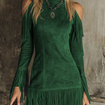 Semi-high Neck Off-the-shoulder Fringed Faux Suede Long-sleeved Mini Dress