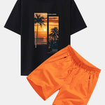 Palm Trees Landscape Slogan Print Oversize T-Shirt & Swim Shorts