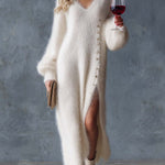 Comfortable Lazy Exquisite V-neck Metal Button White Imitation Rabbit Fur Knitted Side Slit Midi Dress