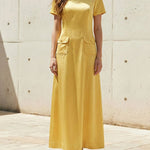Short Sleeves Pockets Solid Color Split-Joint Round-Neck Maxi Dresses