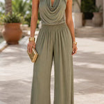 Margovil Halter Cowl Neck Sleeveless Top Elastic Waist Wide Leg Pants Set