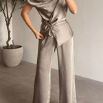 Asymmetrical Shoulder Ruched Top Straight Leg Pants Satin Set
