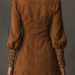 Vintage Suede Embroidered Mini Dress With Long Sleeves