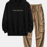 Faith Over Fear Print Relax Fit Hoodie & Drawstring Corduroy Cargo Jogger Pants
