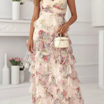 Strapless Floral Print Ruffle Layered Maxi Dress