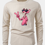 Pink Panther With V Sign Print Cotton Arc Hem T-Shirt