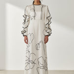 Loose Contrast Color Falbala Flower Print Hollow Zipper Maxi Dresses