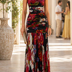 Strapless Abstract Floral Print Chiffon Maxi Dress