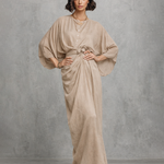 Women's Relaxed-fit Light Khaki Cotton And Linen Dress With A Cinched Waist And Shell Buttons