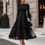 Long Sleeve Tiered Lace Hem Midi Dress