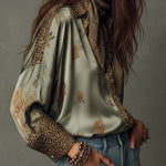 Satin Floral Button-Down Shirt With Leopard Trim