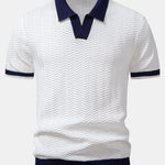 Texture Contrast Knitted V Neck Polo Shirt & Straight Leg Ribbed Pants