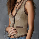 Vintage Boho Eco-Suede Button-Front Vest With Contrast Eco-Leather Trim
