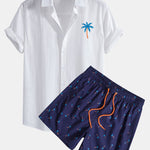 Blue Palm Tree Print Linen Look Cotton Button Up Shirt & Swim Shorts