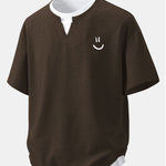 Relax Fit Smiley Face Print 2 In 1 Notched Collar Waffle T-Shirt