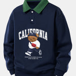 Relax Fit California Fashion Bear Print Contrast Polo Sweatshirt