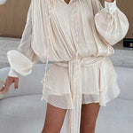 Margovil Lantern Long Sleeves Draped Ruffle Layered Mini Dress with Shorts