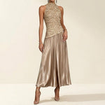 Mockneck Sleeveless Lace Splice Satin Maxi Dress