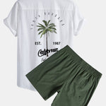California Palm Tree Print Linen Look Cotton Button Up Shirt & Swim Shorts