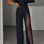 Margovil Stylish One Shoulder Slit Long Sleeve Mesh Splice Wide Leg Jumpsuit