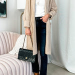 Collared Open Front Ribbed Knit Midi Sweater Cardigan
