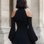 Mock Neck Cold-Shoulder Puff Sleeve Mini Dress