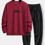 Black Cat Print Relax Fit Sweatshirt & Jogging Pants