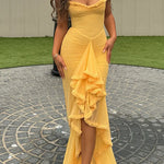 Margovil Spaghetti Strap Frill Trim Draped Slit Maxi Dress