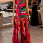 Mockneck Sleeveless Ruched Printed Maxi Dress
