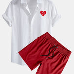 Heart Smiley Face Print Linen Look Cotton Button Up Shirt & Swim Shorts