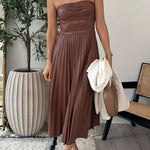 Strapless Pleated Faux Leather Midi Dress