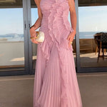 Margovil Strappy Halter Neck Ruffle Trim Asymmetric Hem Pleated Maxi Dress