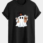Regular Fit Halloween Ghost Coffee Print Cotton T-Shirt