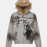 Boxy Faux Fur Collar Comic Character Print Zipper Hoodie
