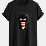 Regular Fit Black Cat Drinking Coffee Print Cotton T-Shirt