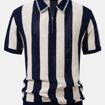 Striped Eyelet Knit Zip Up Polo Shirt & Straight Leg Linen Pants