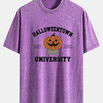 Halloween Pumpkin Town Print Washed Distressed Drop Shoulder T-Shirt