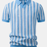 Stripe Johnny Collar Open Knit Polo & Straight Leg Linen Pants