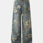 Flower Print Denim Wide Leg Pants
