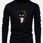 Long Sleeve Black Cat Drinking Coffee Print Cotton T-Shirt